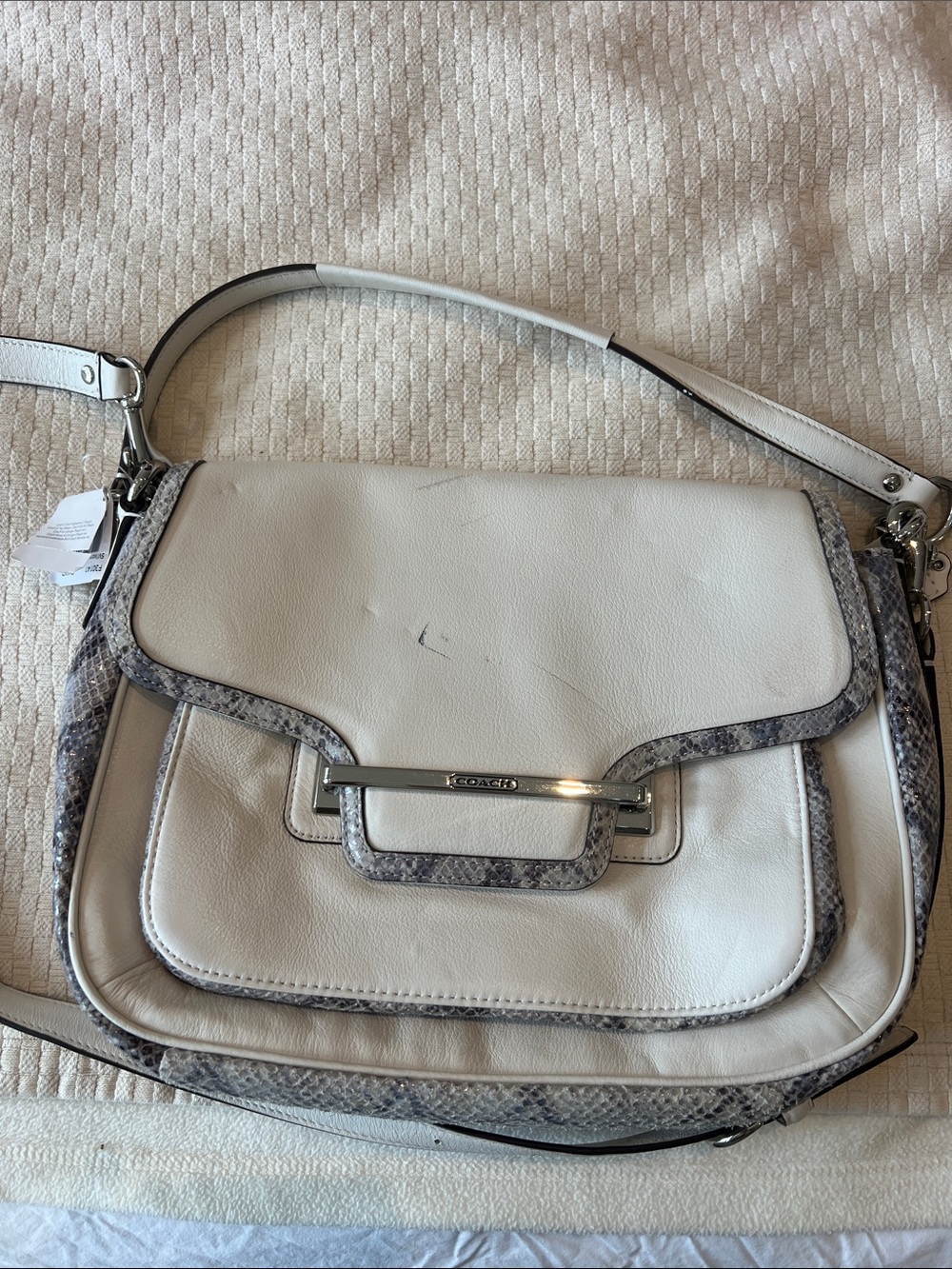 Coach White Leather Shoulder Bag with Snake-Trim Accents